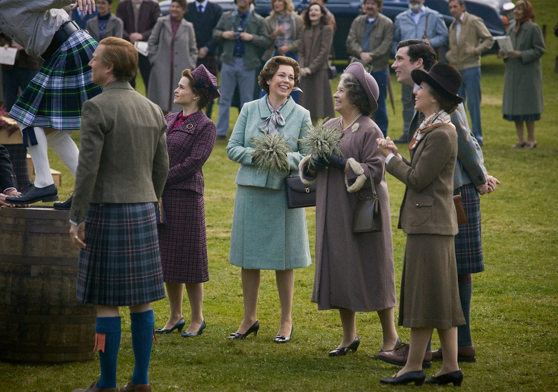 The Crown S4. Picture shows: Prince Philip (TOBIAS MENZIES), Princess Margaret (HELENA BONHAM CARTER), Queen Elizabeth II (OLIVIA COLMAN), Queen Mother (MARION BAILEY), Prince Charles (JOSH O CONNOR) and Princess Anne (ERIN DOHERTY). Filming Location: Rothiemurchus, Scotland